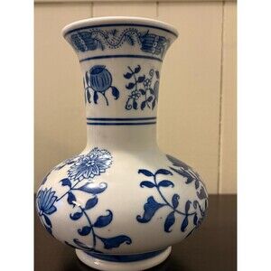 Blue White Porcelain Bud Vase 7" Handpainted Floral Scroll Pattern Vintage Style